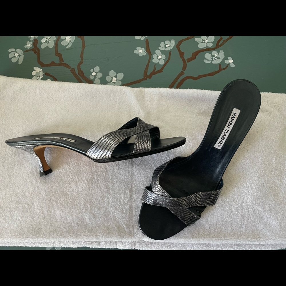 Manolo Blahnik size 10 only worn a few times. Pewter-no heel marks. Comfy.